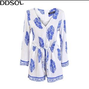 DDSOL Blue And White Porcelain Printing Romper